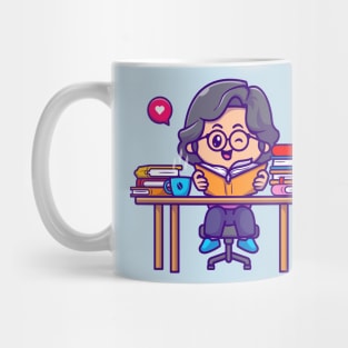 Cute Girl Reading Book Cartoon Mug